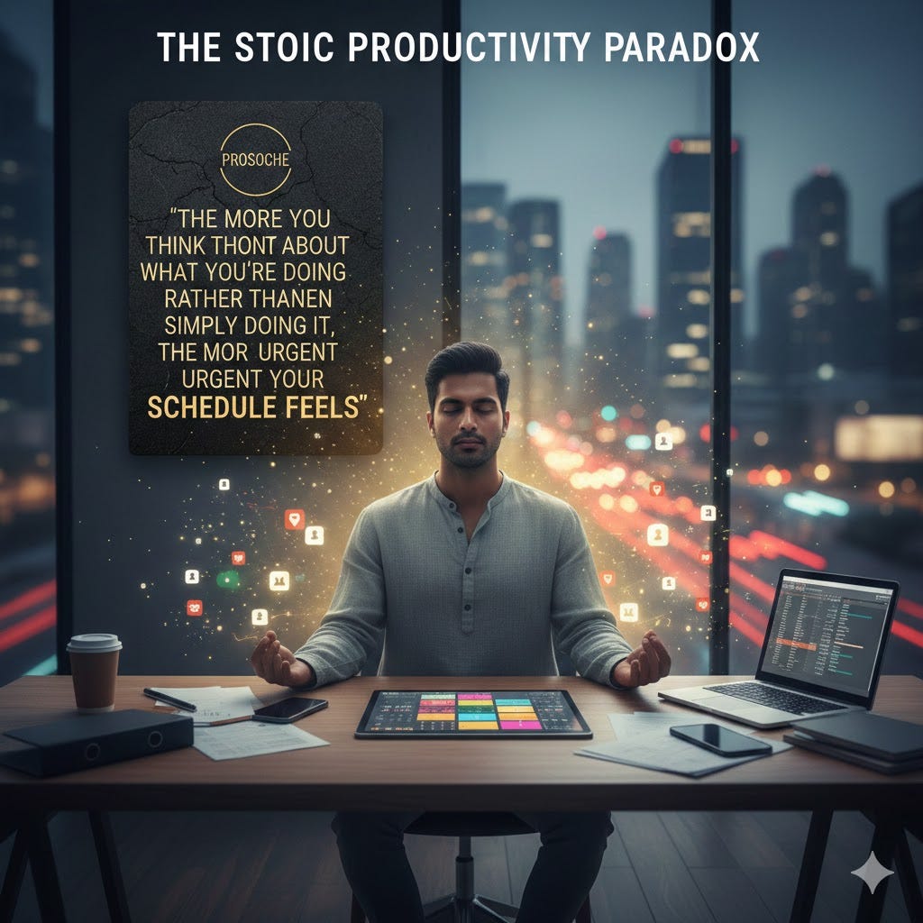 A digital illustration titled “THE STOIC PRODUCTIVITY PARADOX.” A man sits calmly in a meditative pose at a modern office desk against a backdrop of a blurred night cityscape. Floating around him are glowing notification icons, symbolizing digital distractions. On the wall behind him is a dark stone plaque featuring the Greek word “PROSOCHE” and the quote: “The more you think about what you’re doing rather than simply doing it, the more urgent your schedule feels.”
