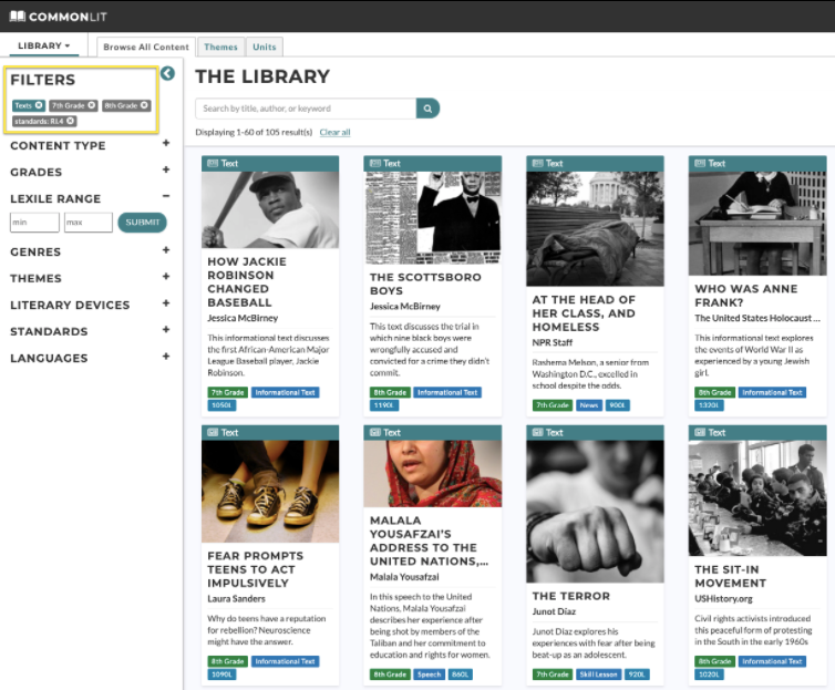 CommonLit Library with Texts, 7th grade, 8th grade, and standards: RI.4 filters selected.