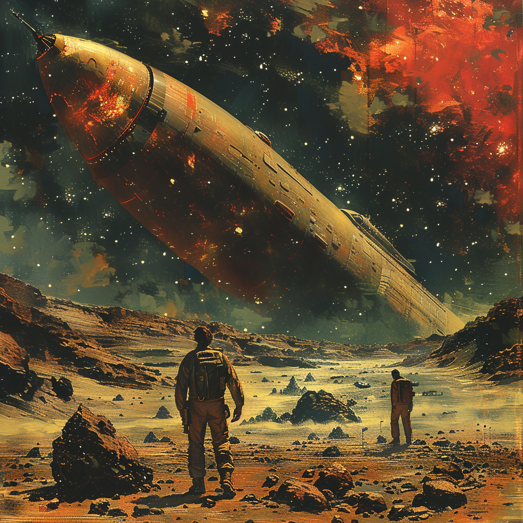 Planet being destroyed by a large sci-fi spaceship, men on planet looking toward it, 1950s style fiction, created with Midjourney AI generated Image.