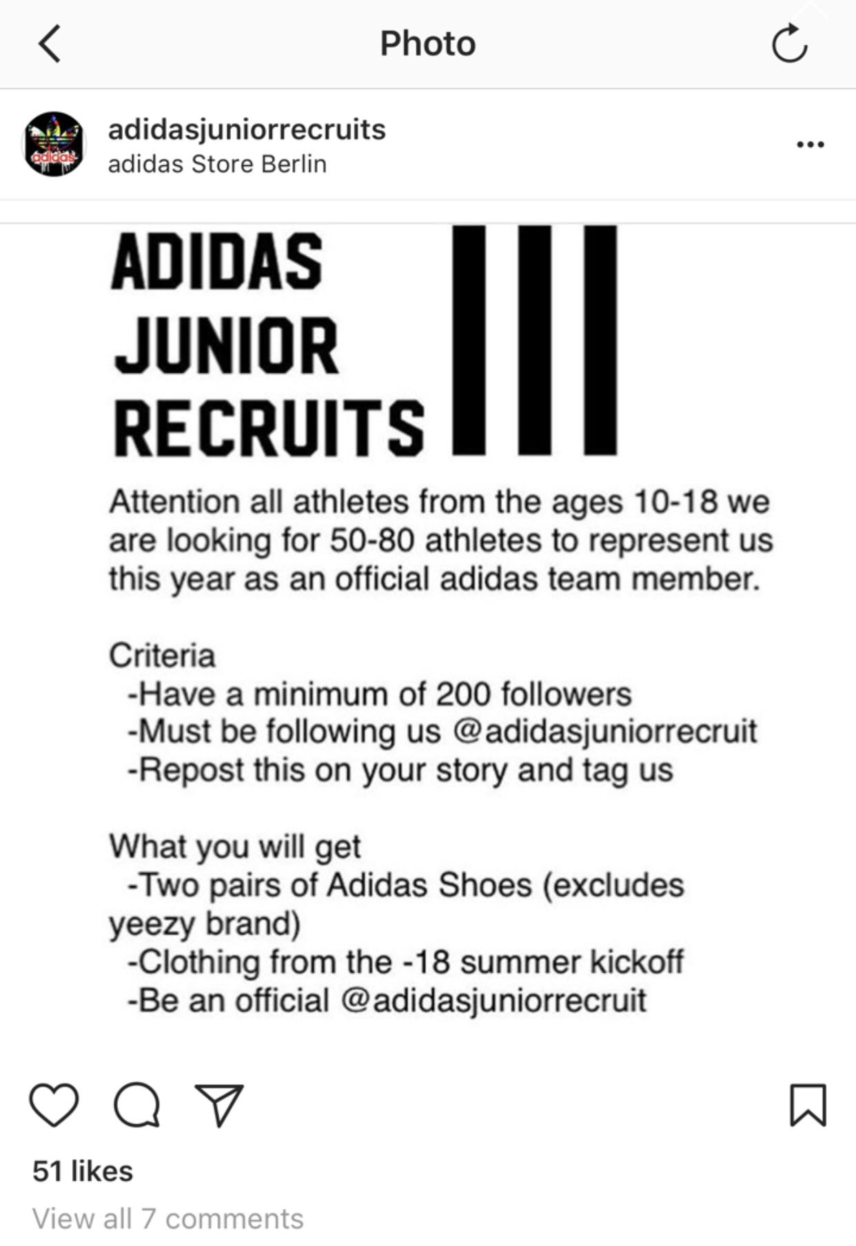 posts like this offer expensive merchandise such as shoes clothing and to be titled an adidas junior recruit - how many follo!   wers does adidas have on instagram