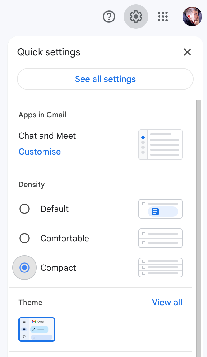 Gmail quick settings screenshot