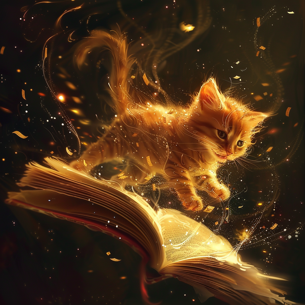 Tiny little red kitten, flying happy in sky full of stars, book pages and stars are swirling around, created with Midjourney AI generated image.