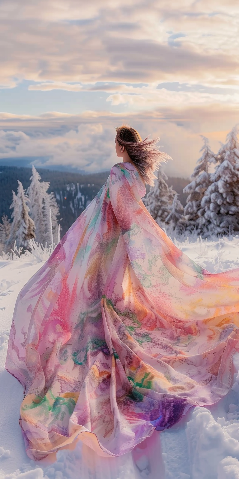 A woman wearing a gorgeous super long silk alcohol ink cape that flows in the wind, on top of a snowy mountain, created with Midjourney AI generated Image.