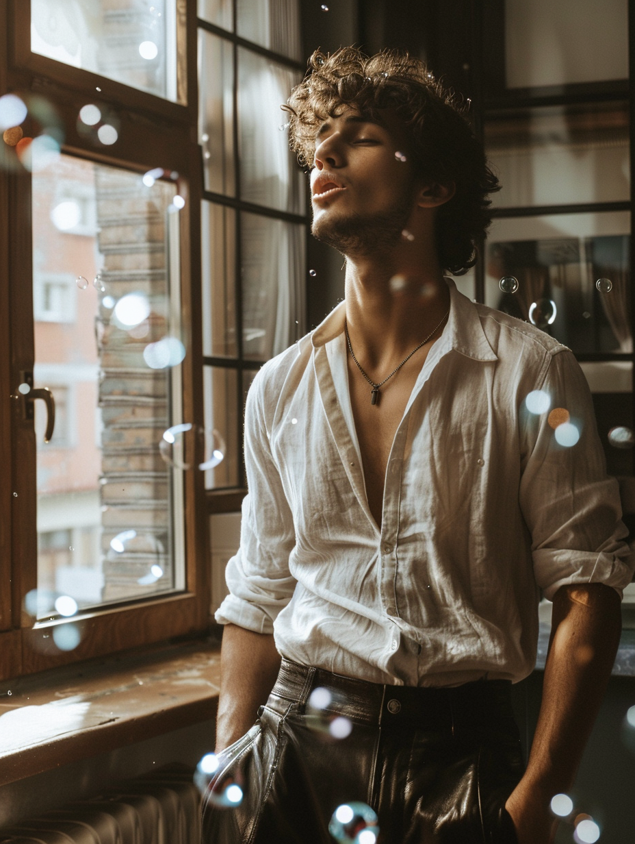 Attractive young man in leather pants, linen shirt, blowing bubbles, warm, cozy, modern minimalist home, created with Midjourney AI generated image.