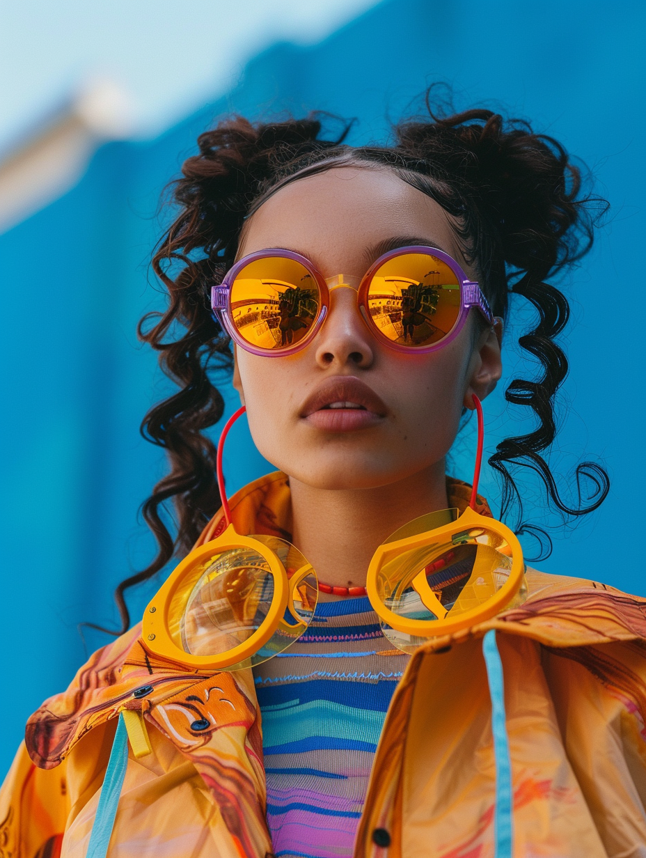 realistic low angle view photo of a young woman, dressed in fun colourful and playful hiphop style fashion. She has big coloured sunglasses, created with Midjourney AI generated image.