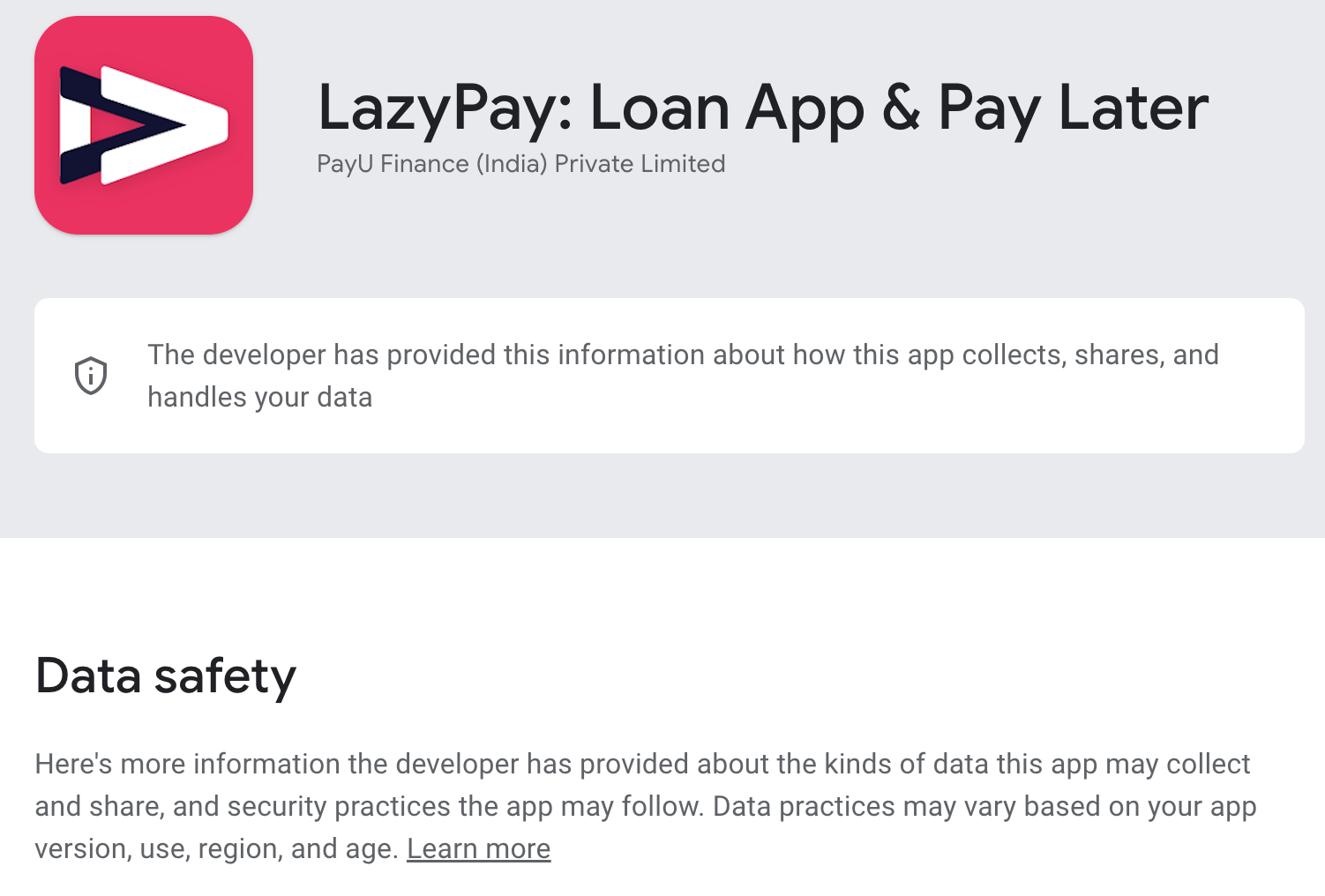 LazyPay's Data Safety Declaration as visible on Play Store