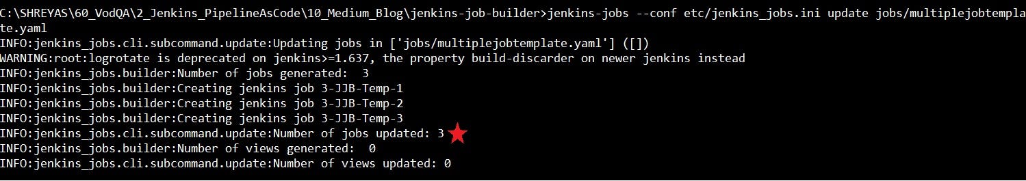 Jenkins job builder command execution logs — 3 Jobs created