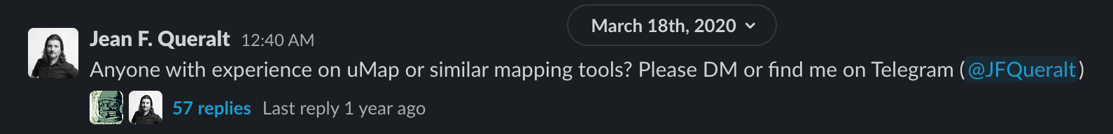 Image text: Anyone with experience on uMap or similar mapping tools? Please DM or find me on Telegram (@JFQueralt).