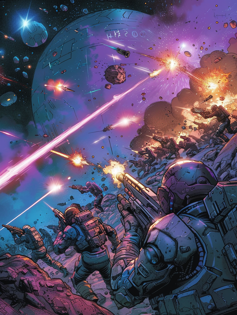 comic book cover, dramatic battle sci-fi, futuristic suits, laser blades, distant view of hundreds of soldiers at war, cyan and magenta accent, created with Midjourney AI generated image.