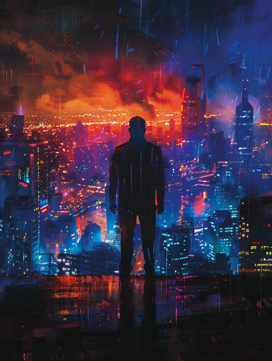 modern comic book design, depicting a male hero fighting crime around a glistening city at night, created with Midjourney AI generated image.