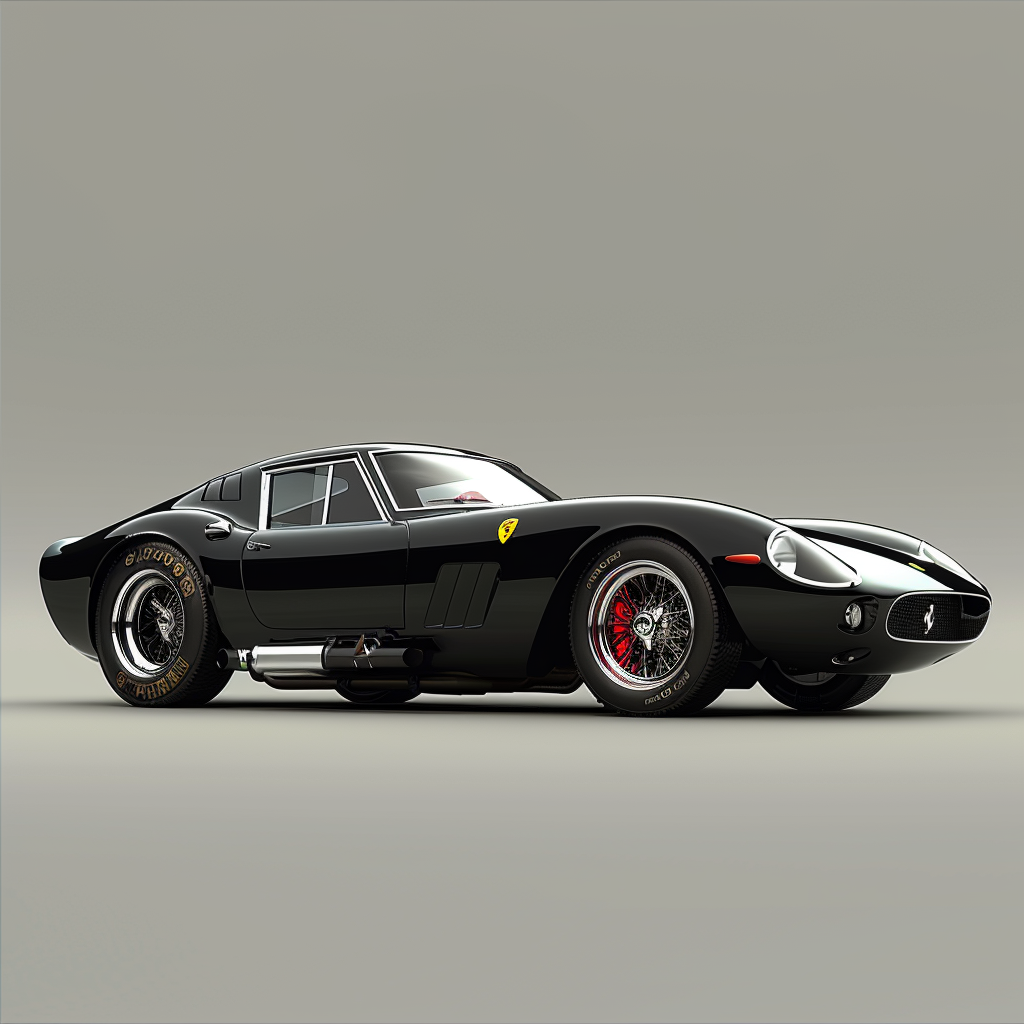 Classic black sportive car from 1970 similar to ferrari, illustration, created with Midjourney generated AI image.