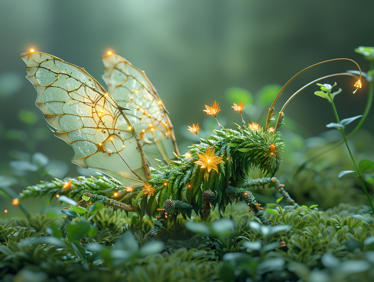 a creature with the delicate wings of a butterfly, the size of a large dog, covered in vibrant green foliage instead of fur, created with Midjourney AI generated image.