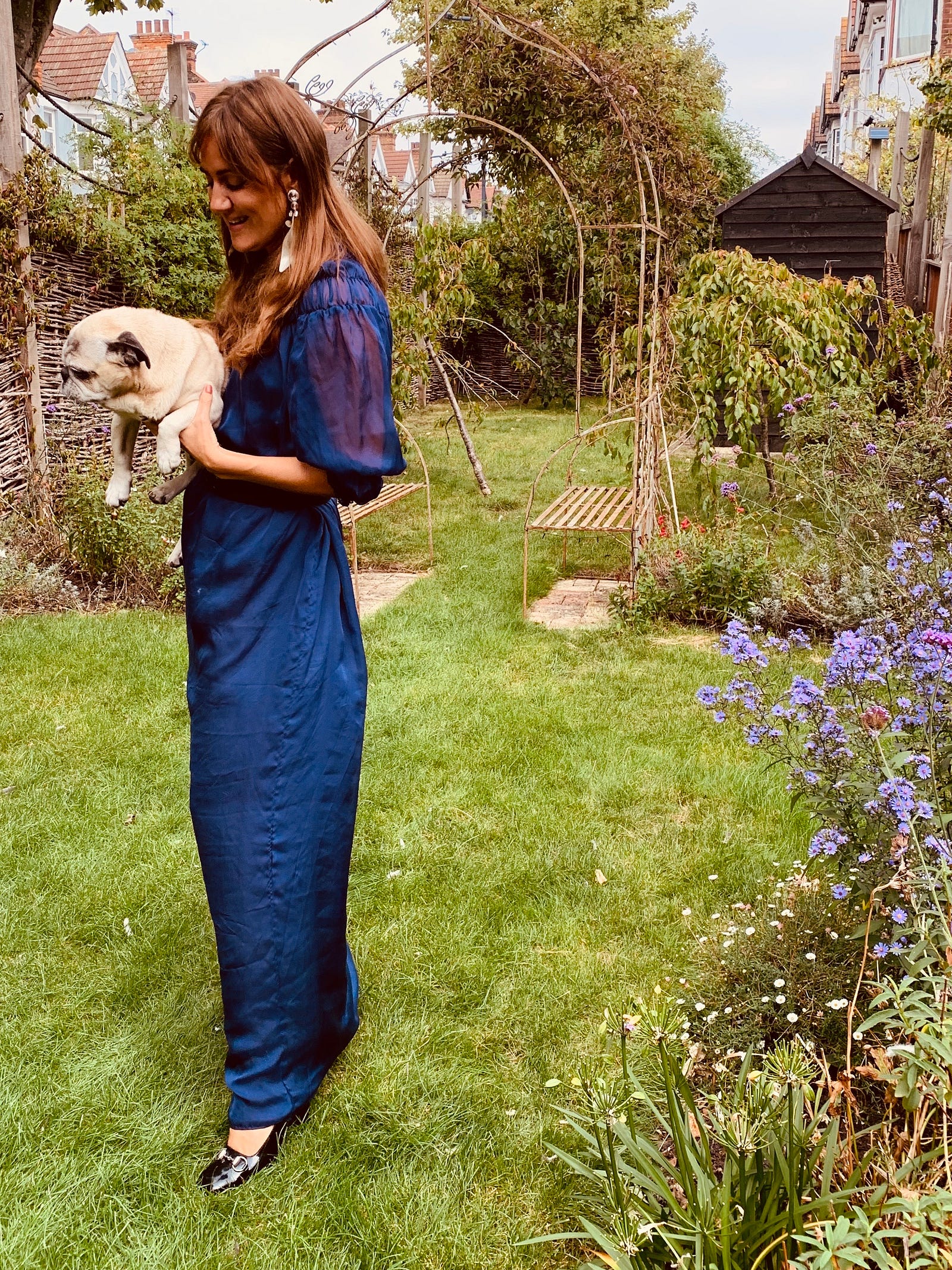 Mary Fellows wearing the Ali Dress in midnight blue custom made for her