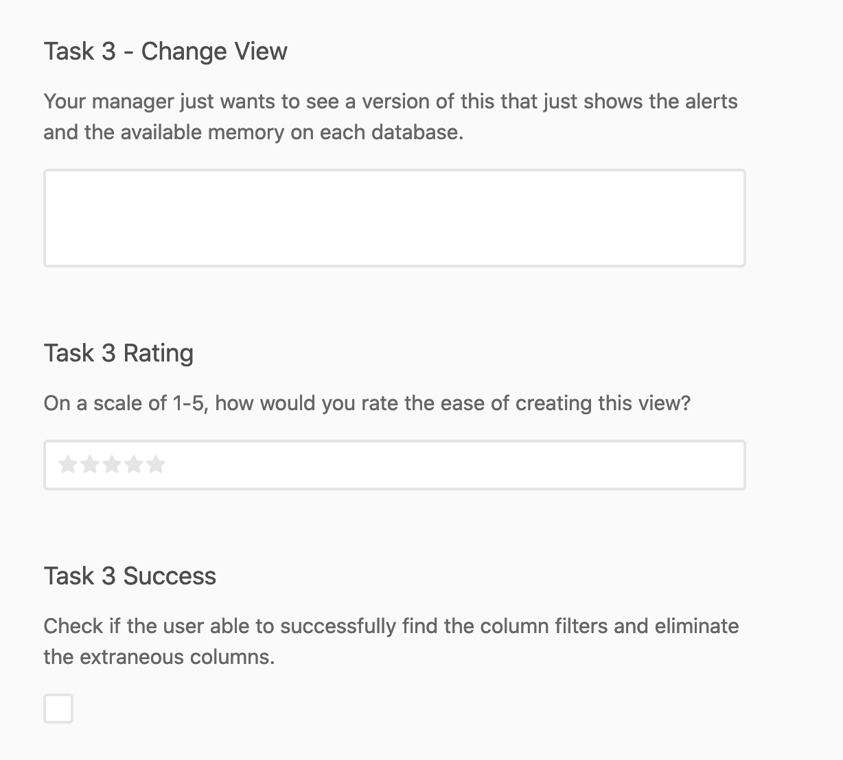 Notetaking form: including tasks free form, rating scale, success metrics.