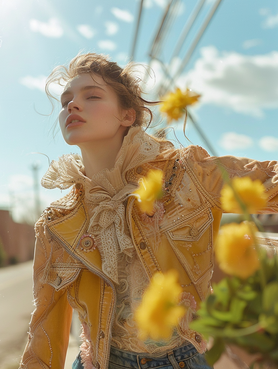 Beautiful young woman in a yellow coquette style jacket and lace shirt, on a sunny street, with yellow flowers, created with Midjourney AI generated image.