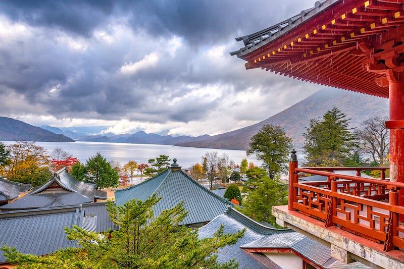 Lake Chuzen-ji and Mt. Naintai from the veranda of the Chuzen-ji temple building