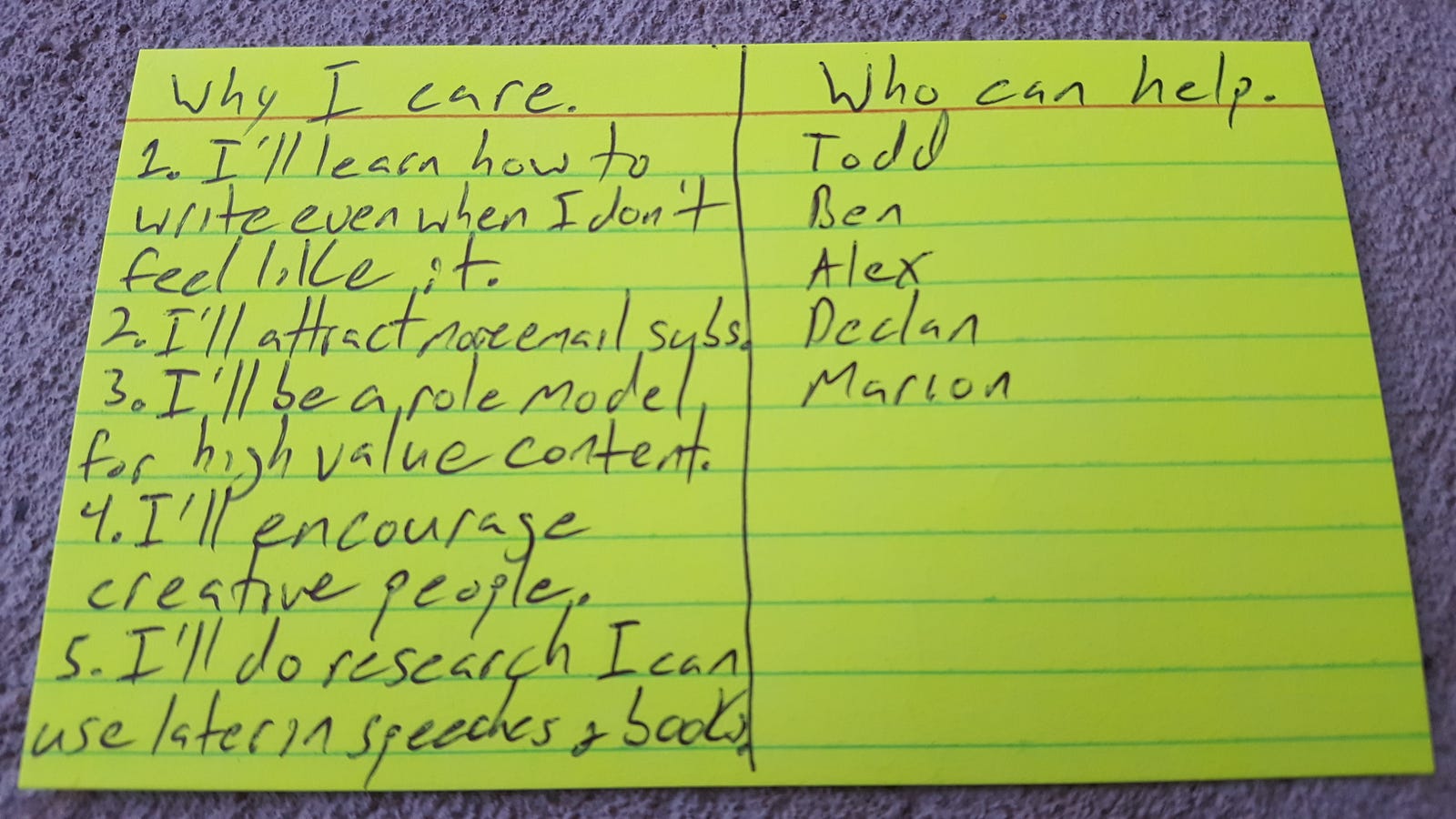 Notecard with 5 names written beneath the headline "Who can help."