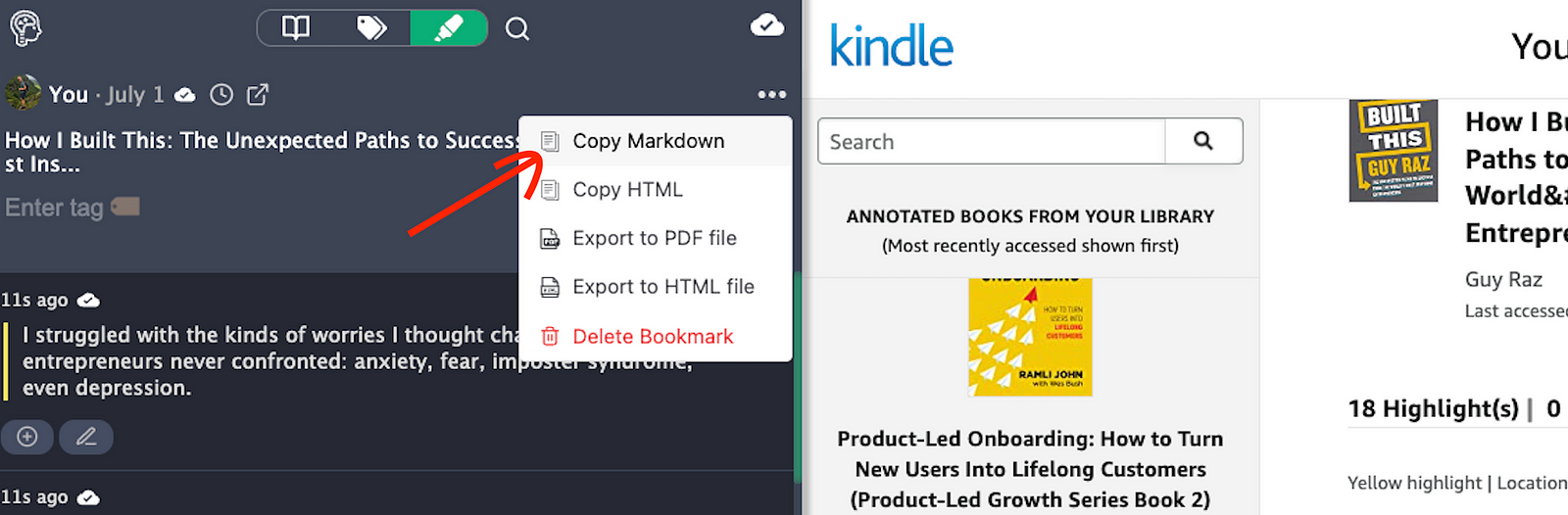 Copy highlights and notes to markdown