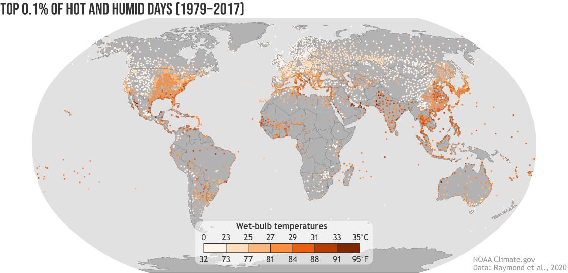 “This map shows locations that experienced extreme heat and humidity levels briefly(hottest 0.1% of daily maximum wet bulb temperatures) from 1979–2017. Darker colors show more severe combinations of heat and humidity. Some areas have already experienced conditions at or near humans’ survivability limit of 35°C (95°F).” — Quote from NOAA