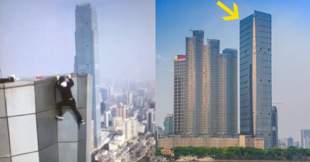 Wu Yongning saat melakukan aksi ekstrim sebelum akhirnya jatuh pada bulan lalu dari puncak gedung pencakar langit Changsha setinggi 263 meter.