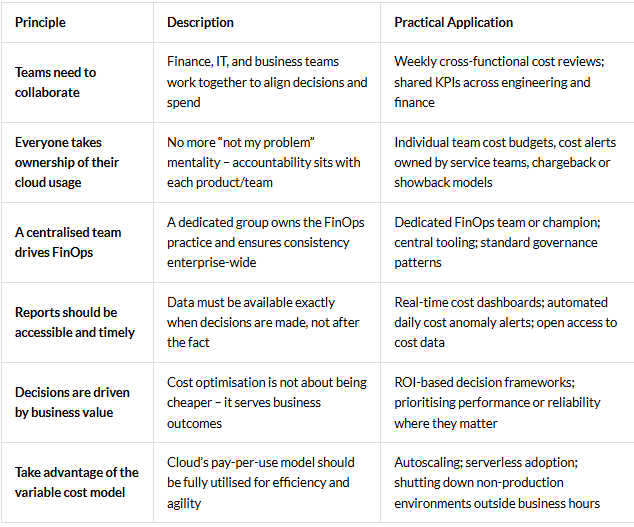 FinOps Principles — Description & Practical Application Table