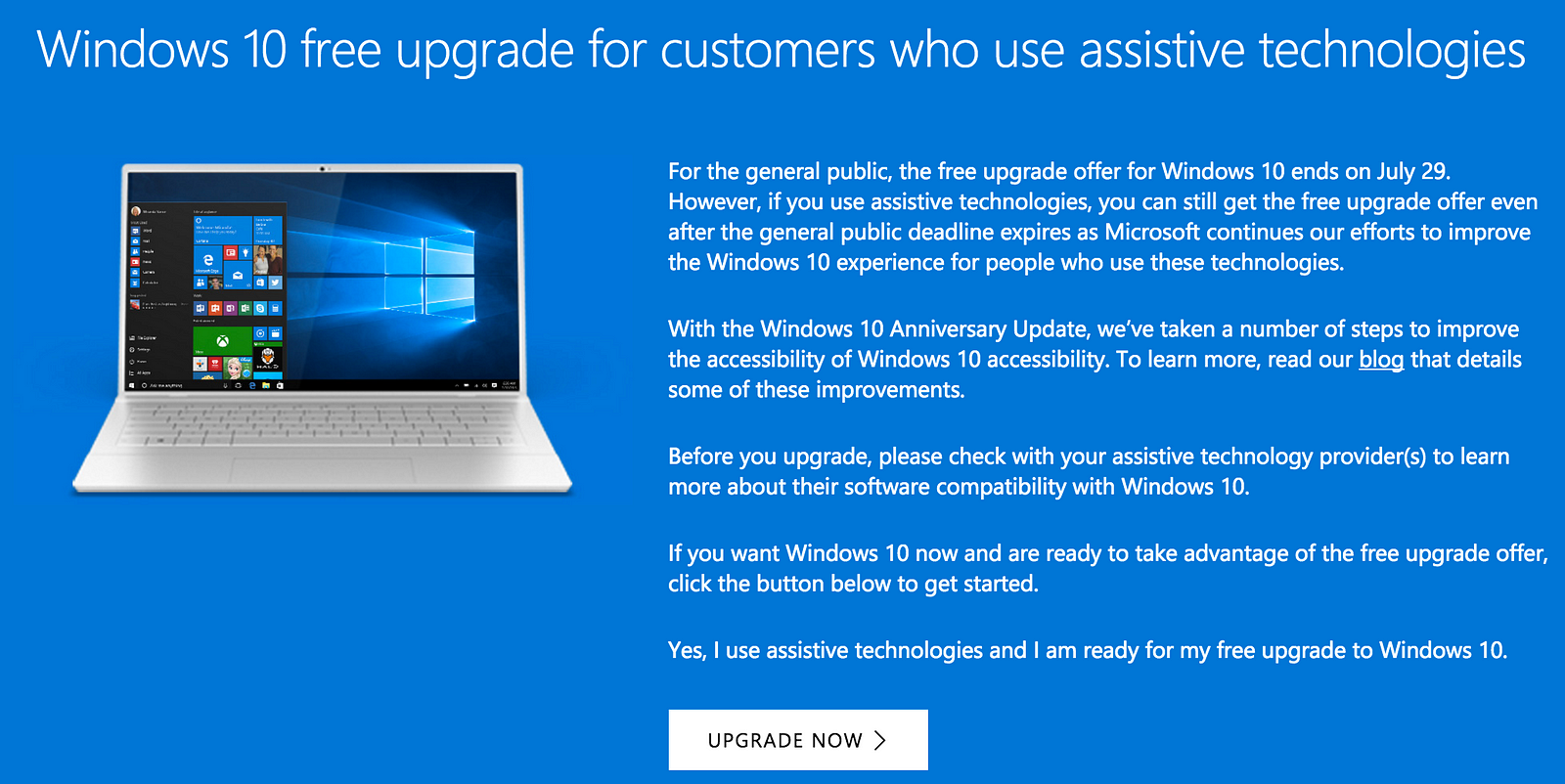 free upgrade to windows 10 accessibility