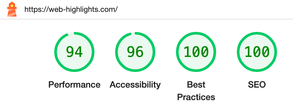 Performance: 94, Accessibility: 96, Best Practices: 100, SEO: 100