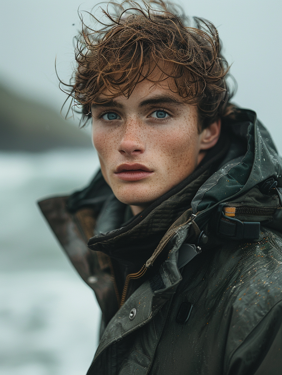 Full body shot of a brooding 18 yr old male with wavy dark blond hair wearing a parka and staring out toward the sea, created with Midjourney AI generated image.