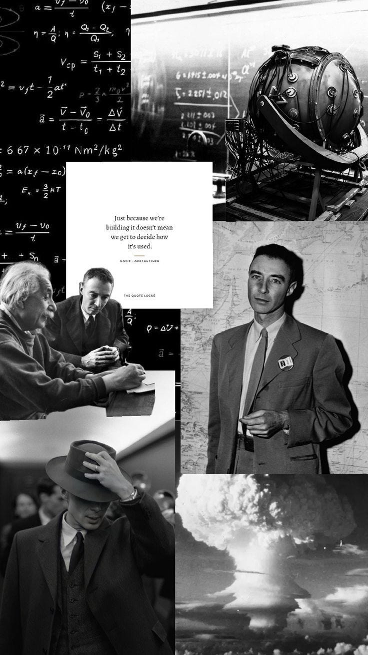 Oppenheimer with Einstein at Los Alamos Lab during World War II in a dramatic still from the Oppenheimer movie.”