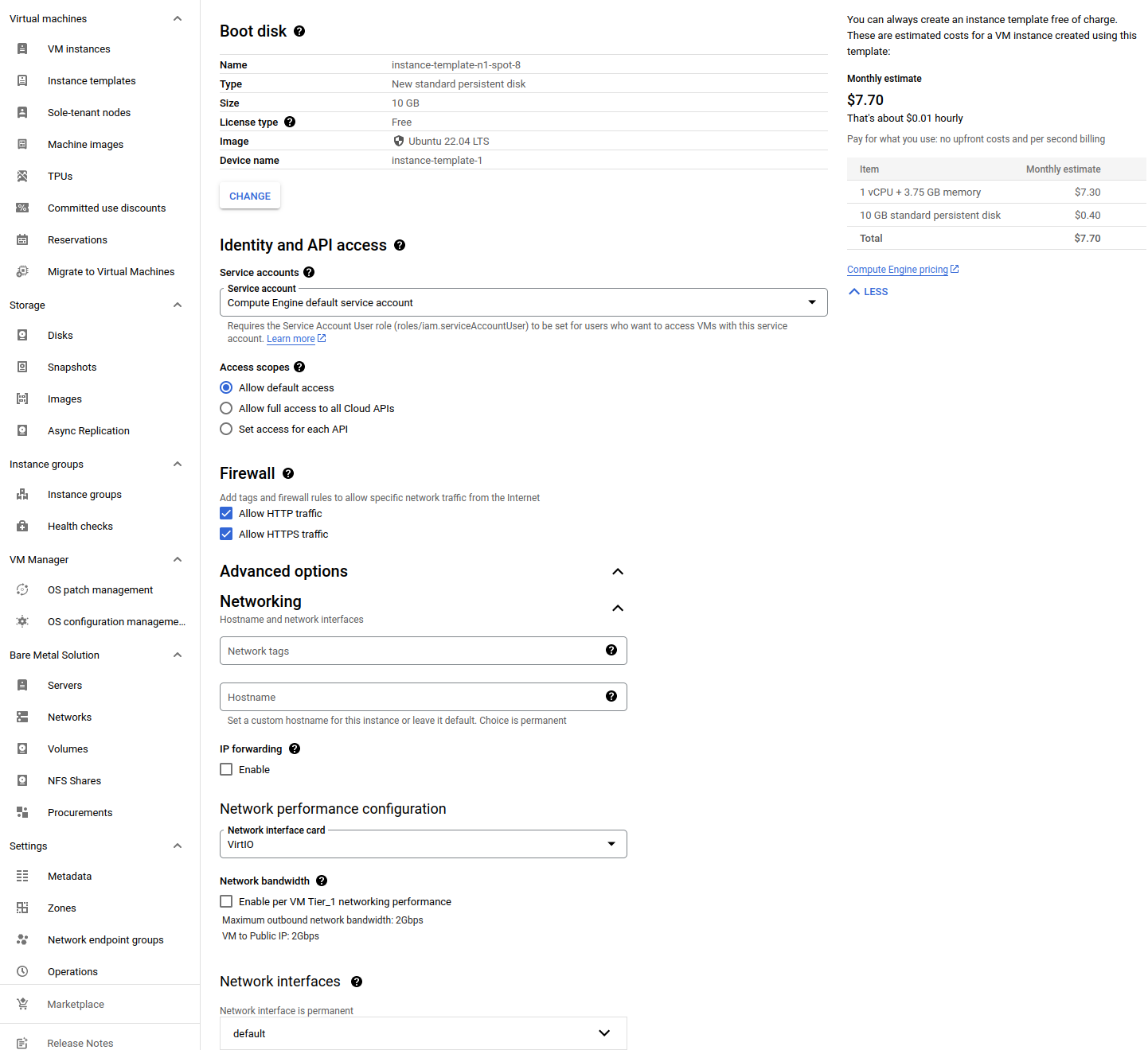 Another screenshot of a creation of a new instance template — with the fields below regarding the previous one