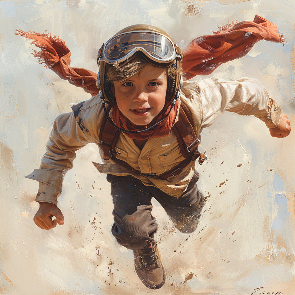 Boy pretending he is an airplane, running with his arms out streched, wearing pilot goggles and pilot hat and a long pilot scarf blowing in the wind, created with Midjourney AI generated image.