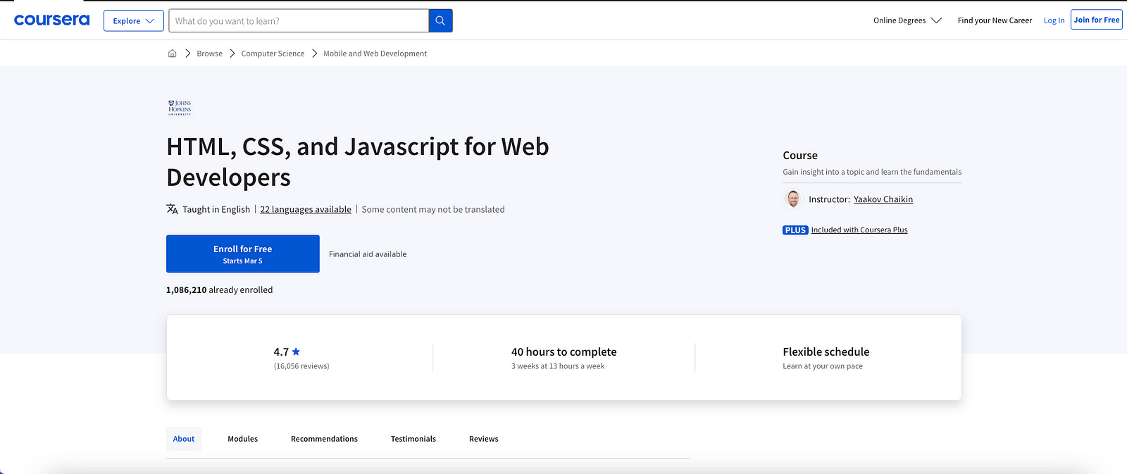 Coursera Course Page for HTML, CSS, and JavaScript for Web Developers