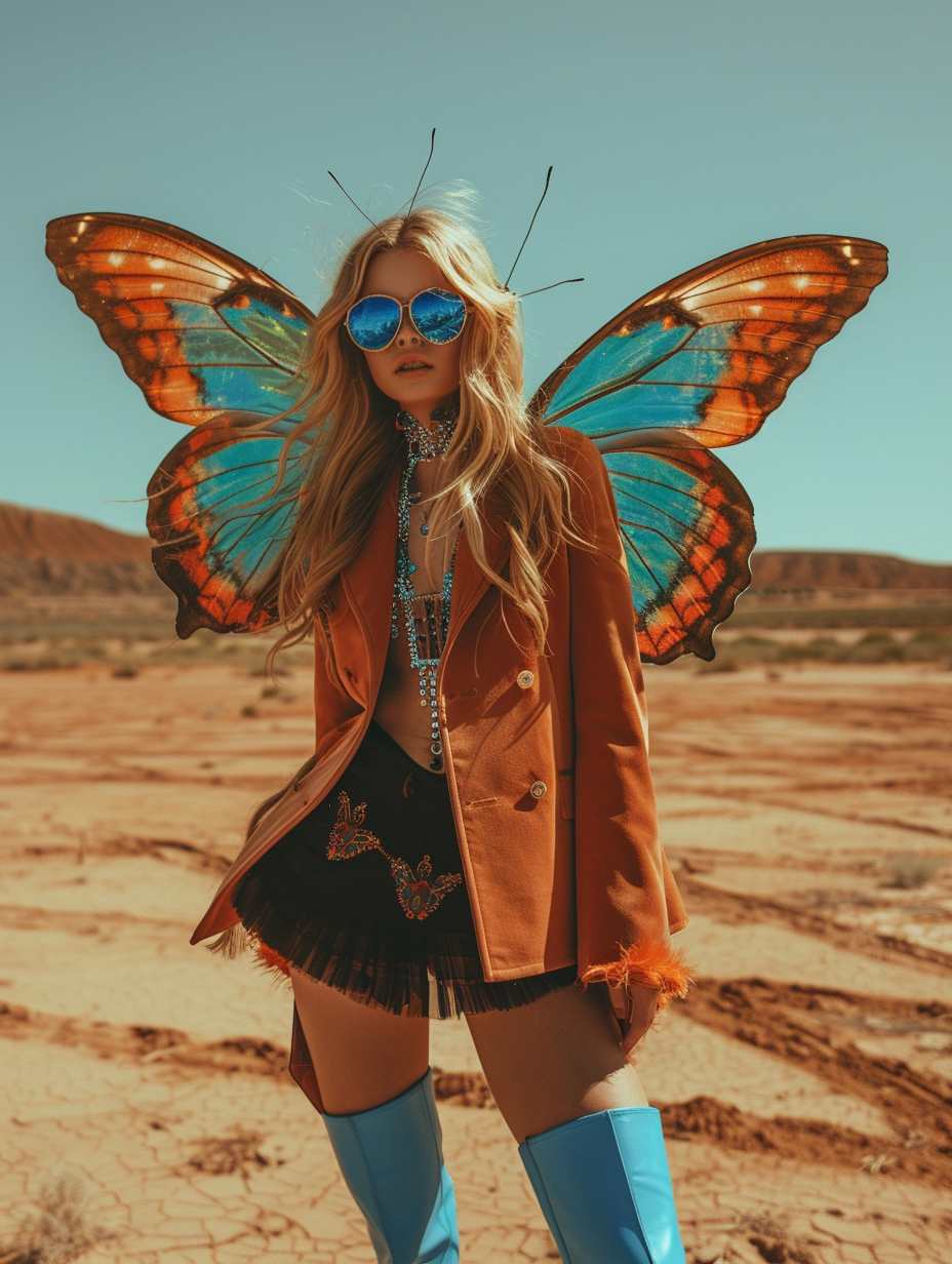 A model wearing an oversized brown blazer, black mini skirt and blue boots with large butterfly wings on her back, desert in front of a clear sky, created with Midjourney AI generated image.