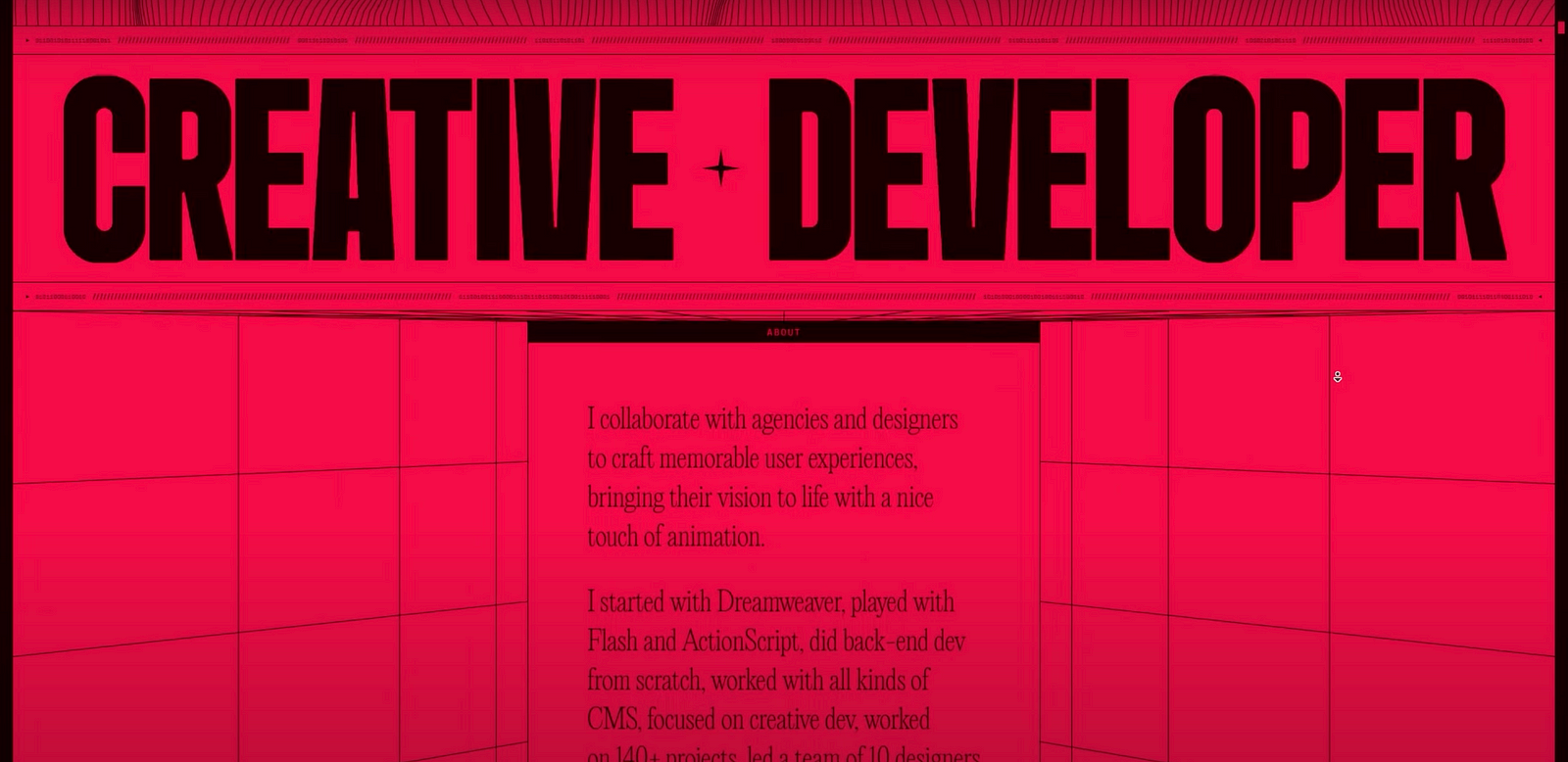 Large typography with the words “Creative Developer” in bold black letters against a red background, with an excerpt of a personal bio or professional description beneath.