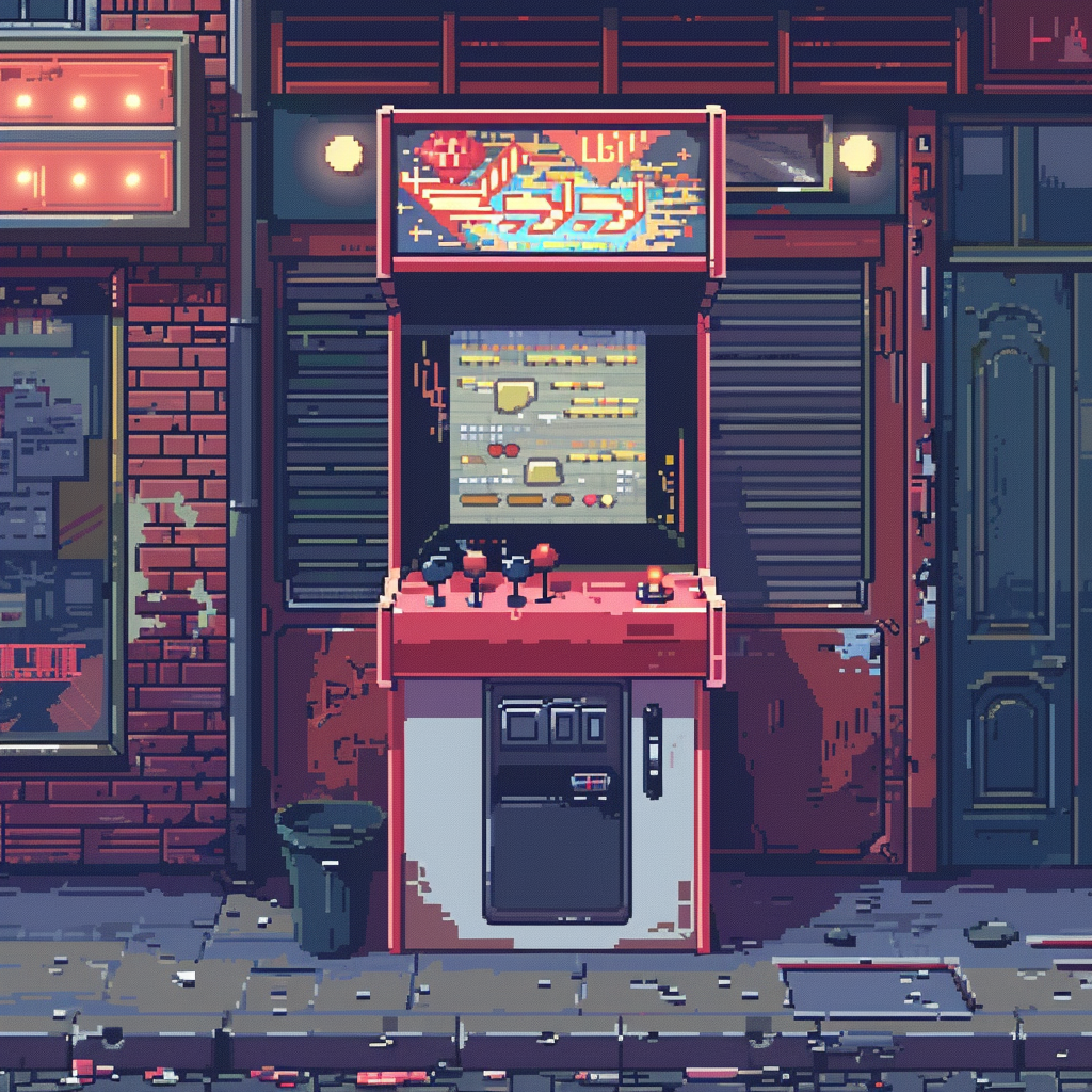 pixel art, Arcade machine front on an city street setting, created with Midjourney AI generated image.