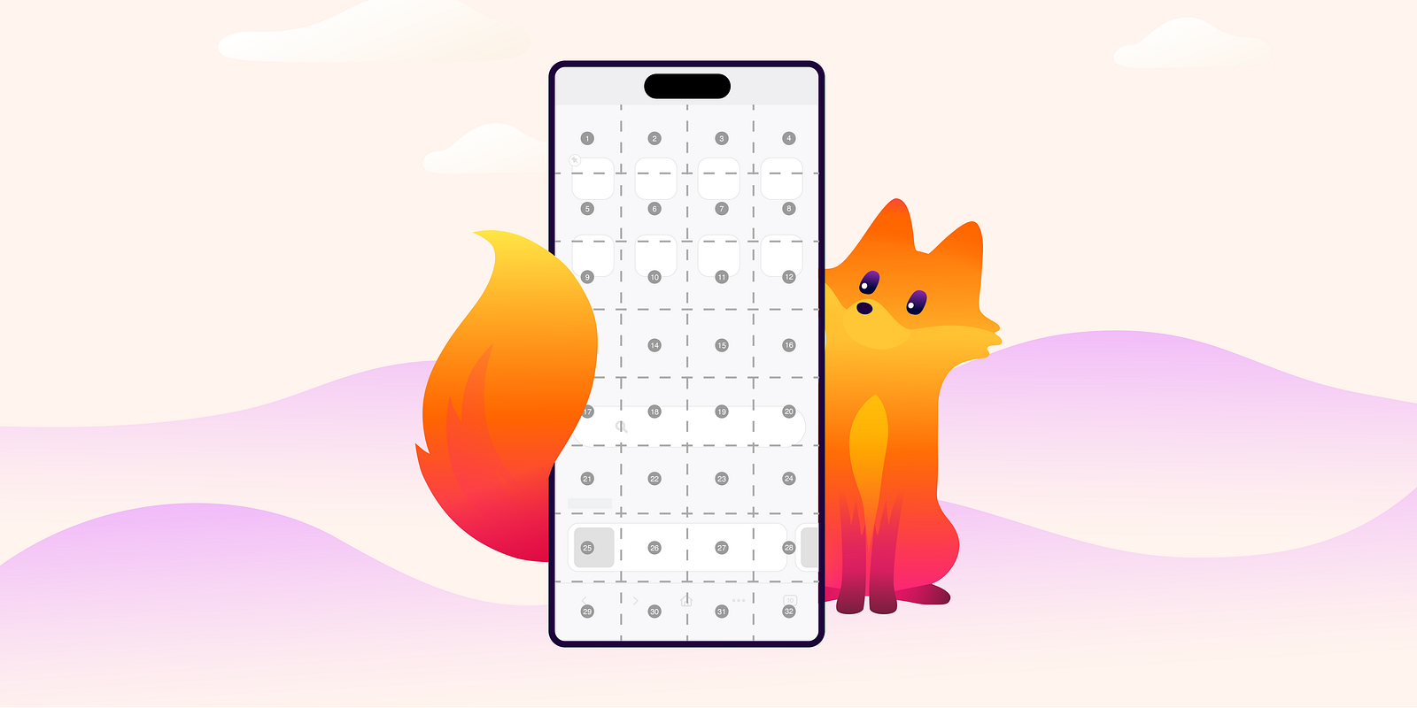 Kit the Firefox mascot holding a phone showing a grid with numbers used by voice access users