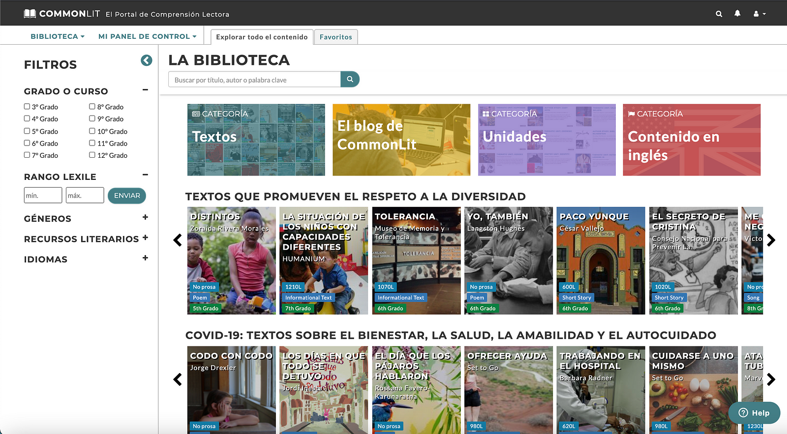The main page of the Spanish library, with filters on the left and high-interest topic carousels of texts. 