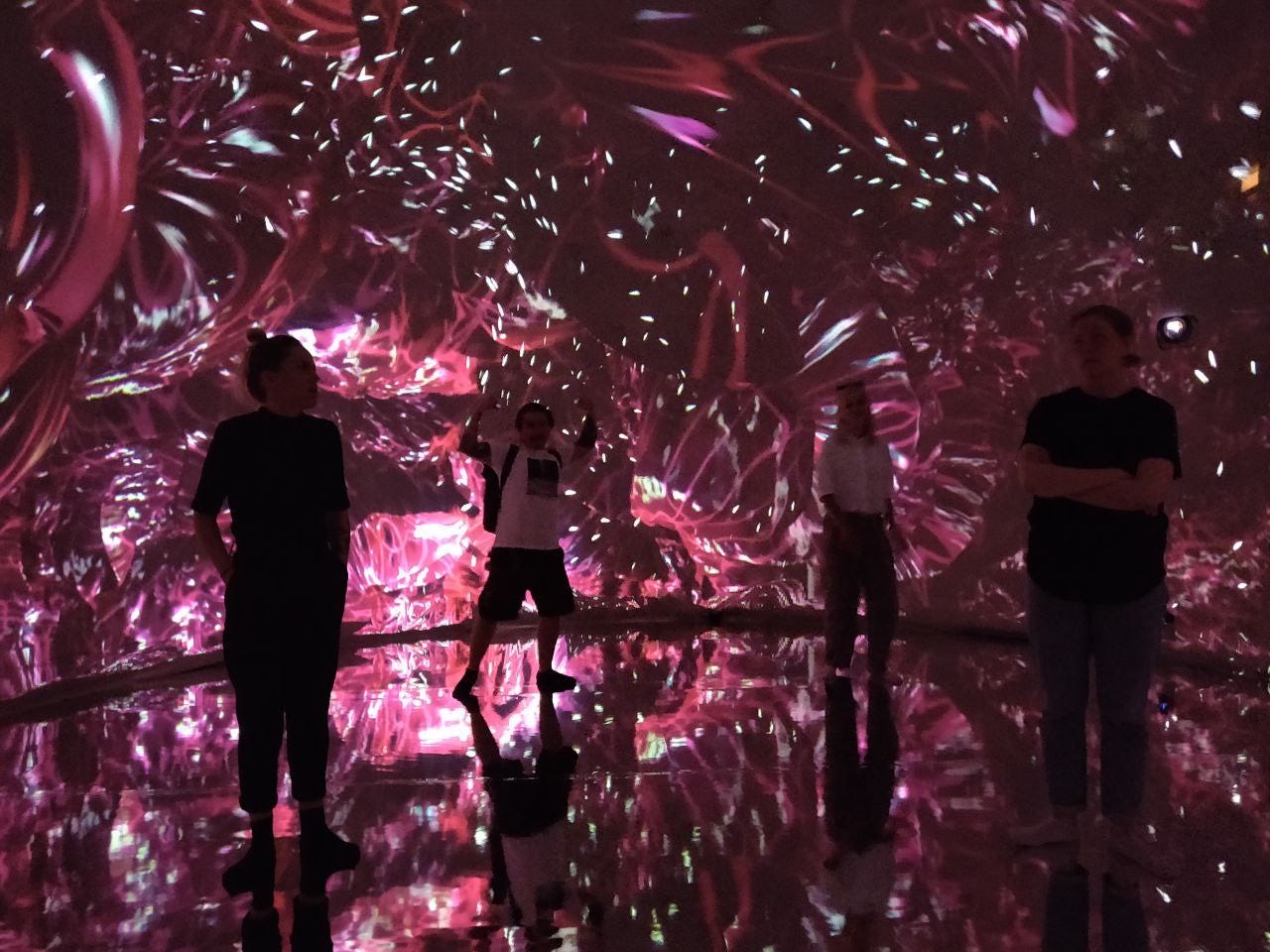 Four people standing in the Laila dome surrounded by pink projections