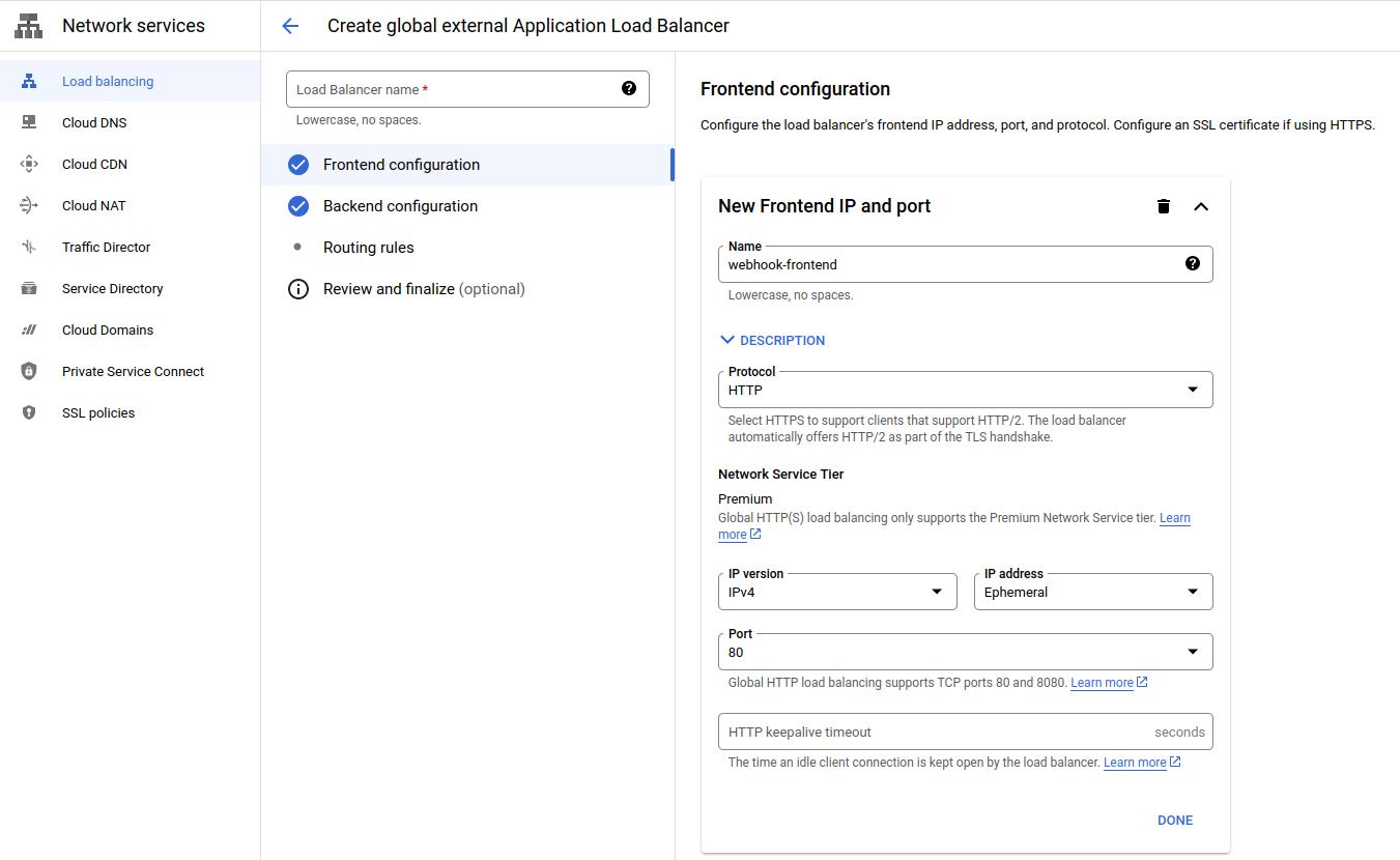 Screenshot of configuring a frontend service while creating a new managed load balancer