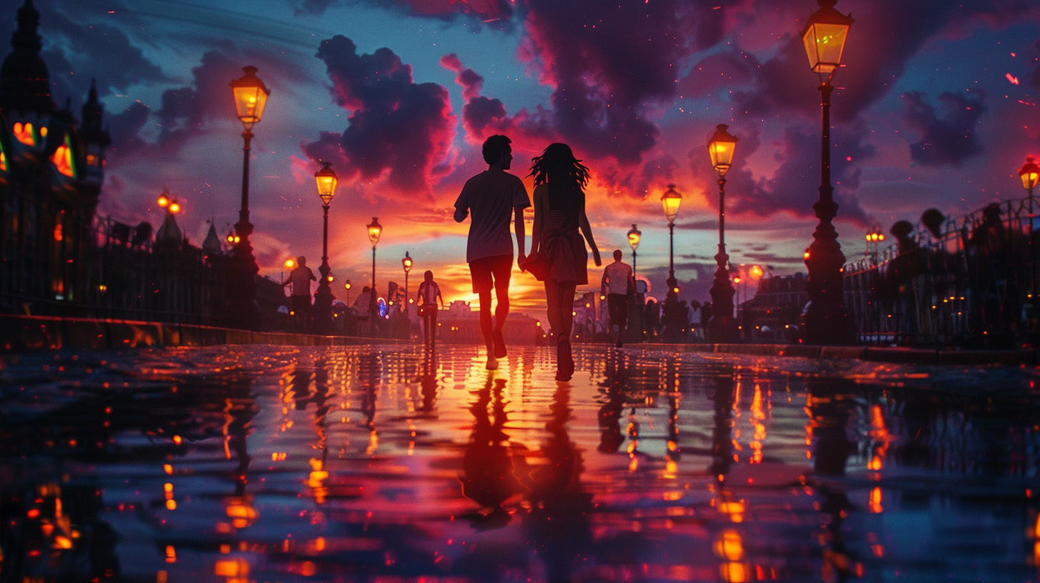 Cinematic photo of young beautiful couple running, romantic, at night, picturesque promenade illuminated by warm street lights, with the colors of the sunset sky reflecting off wet pavement, created with Midjourney AI generated Image.