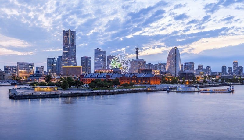 The Minato Mirai evening cityscape as seen from Yokohama’s Osanbashi Yokohama International Passenger Terminal
