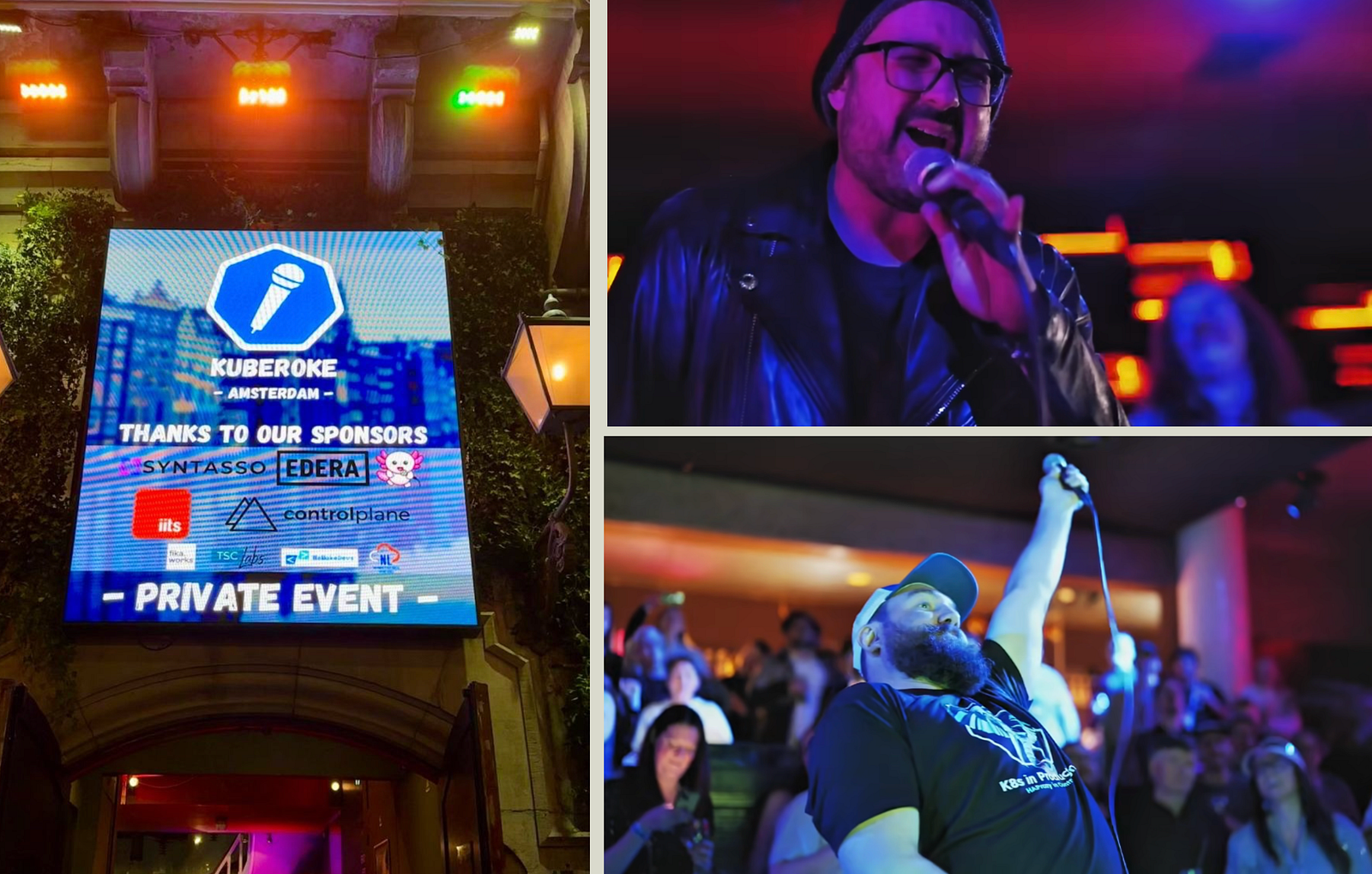 A group of people on a stage having fun and singing at a karaoke event called kuberoke.