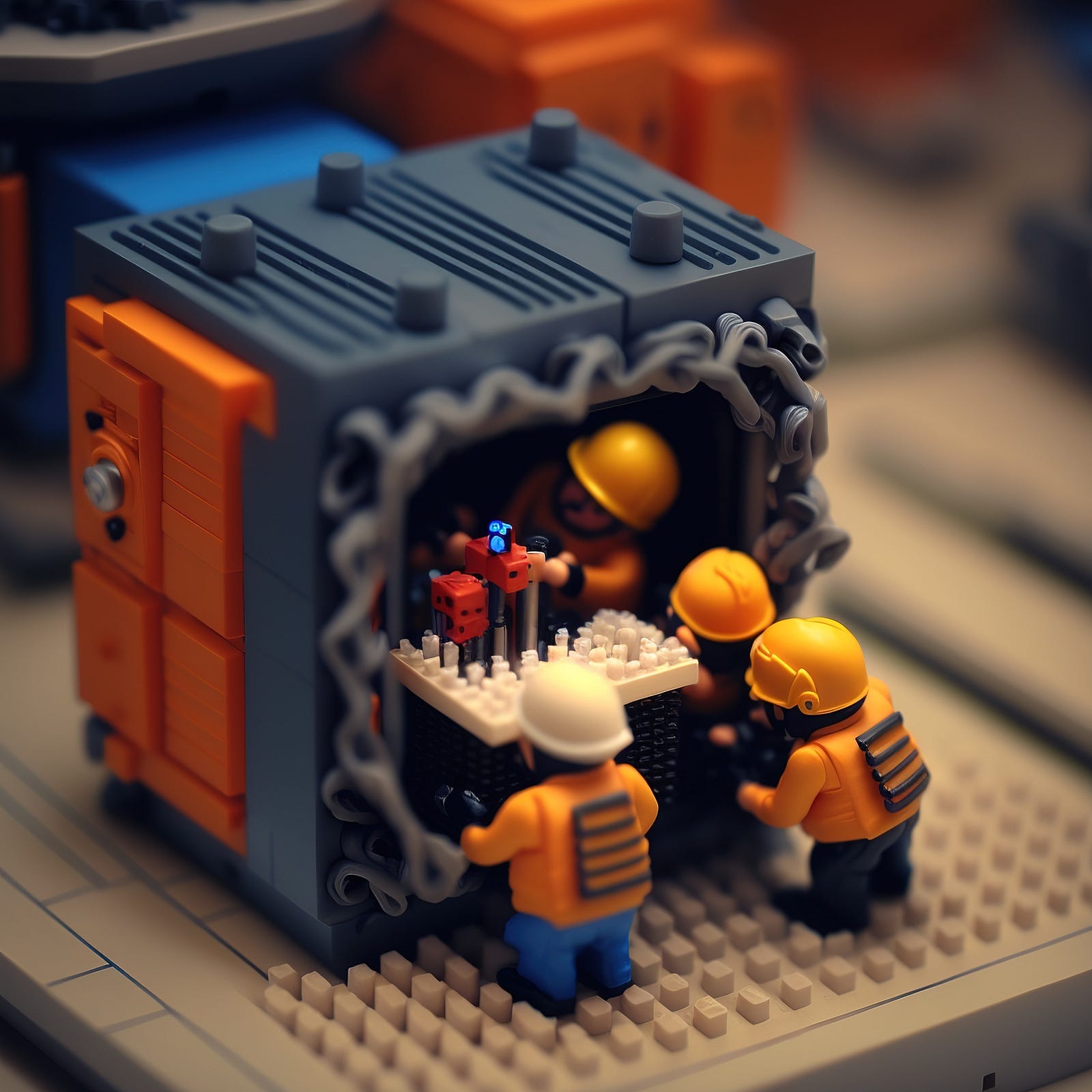 Immagine decorativa con omini stile Lego che collaborano per la messa a punto di processori