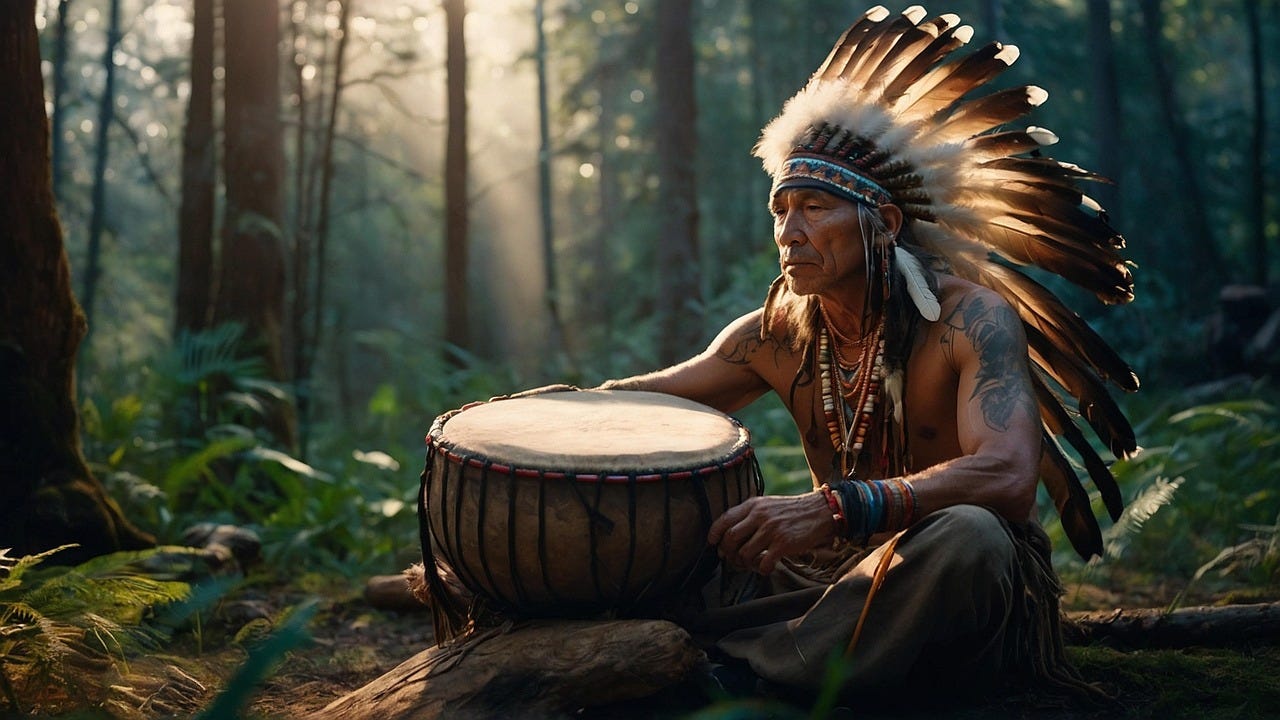 Shaman playing a drum beside a fire, symbol of ancient healing, ceremony, and energy alignment.