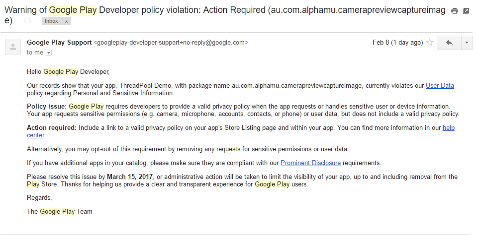 Did you get one of these Google Play Developer Policy Violation Emails?