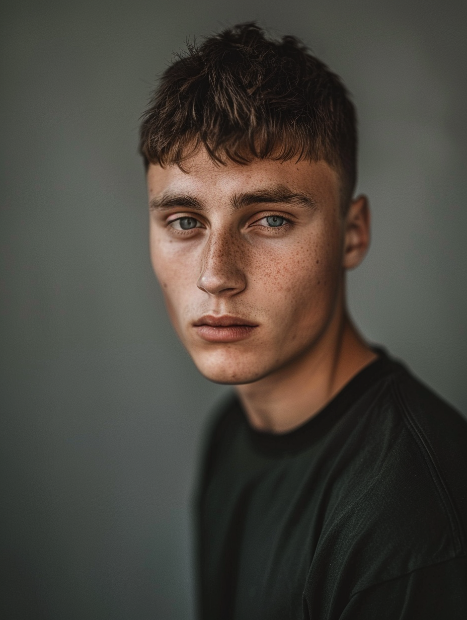 Facing forward, half-body shot of a handsome model in a studio, looking into the camera, created with Midjourney AI image generated.