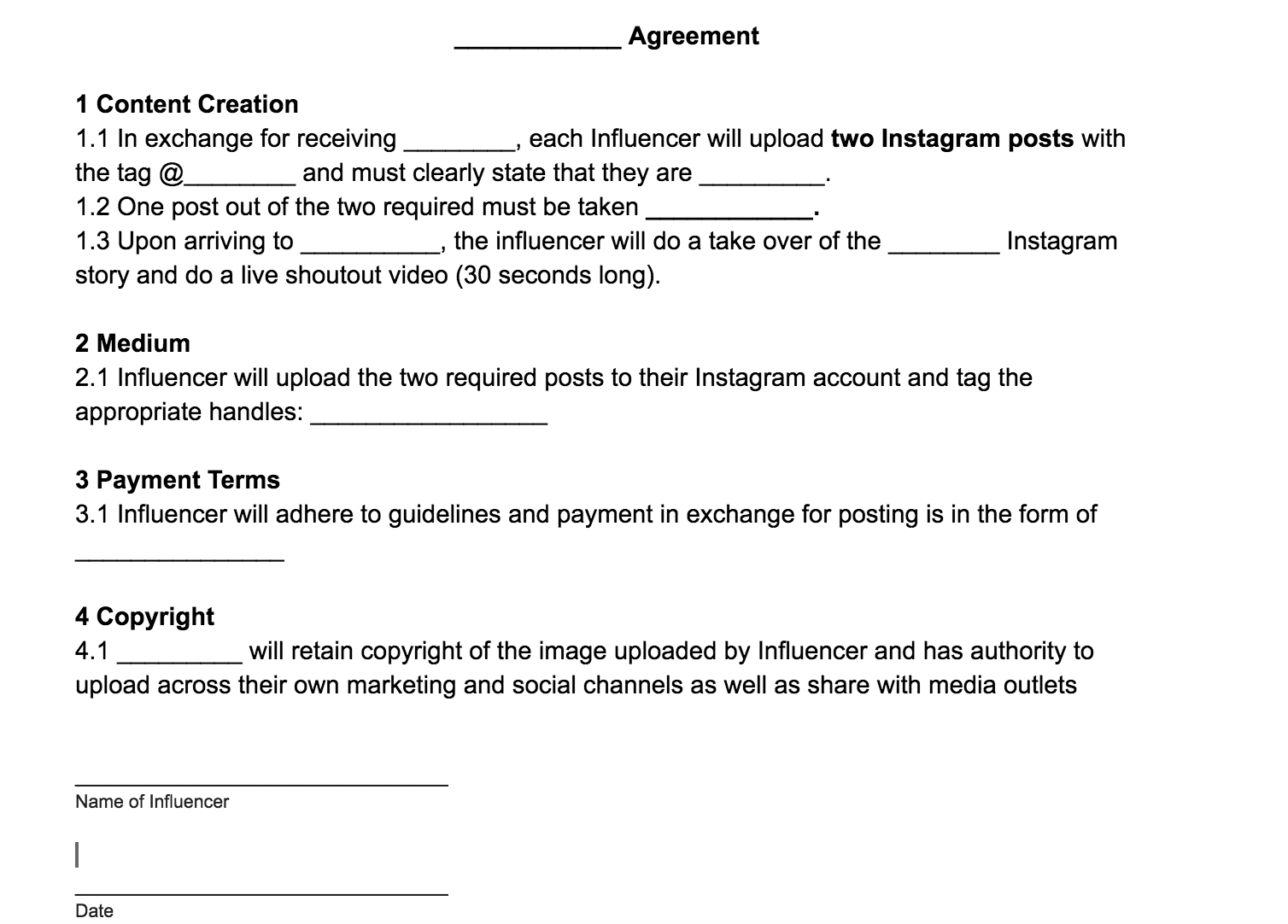 INFLUENCER BLOGGER AGREEMENT TEMPLATE FREE DOWNLOAD 