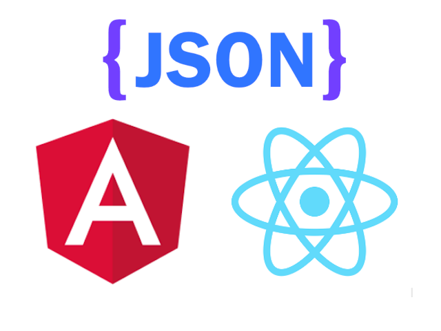 Angular, React, and JSON logo