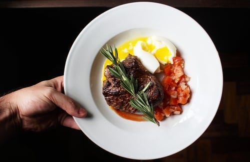 Whether a keto diet breakfast or dinner, you can’t go wrong with eggs, steak, and some diced tomato