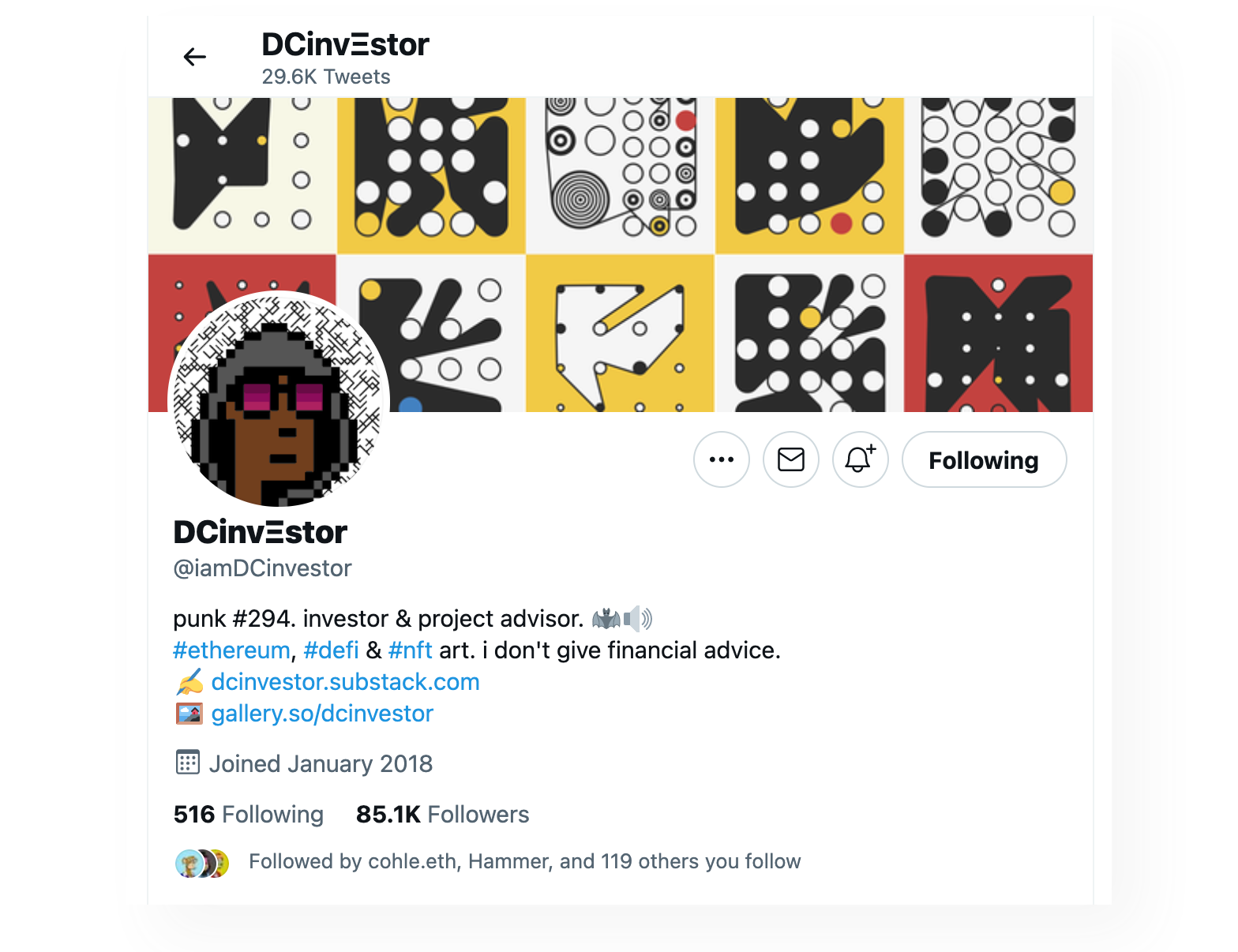 A screenshot of the Twitter profile belonging to DCinvestor.